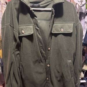 button down in green shacket fleece